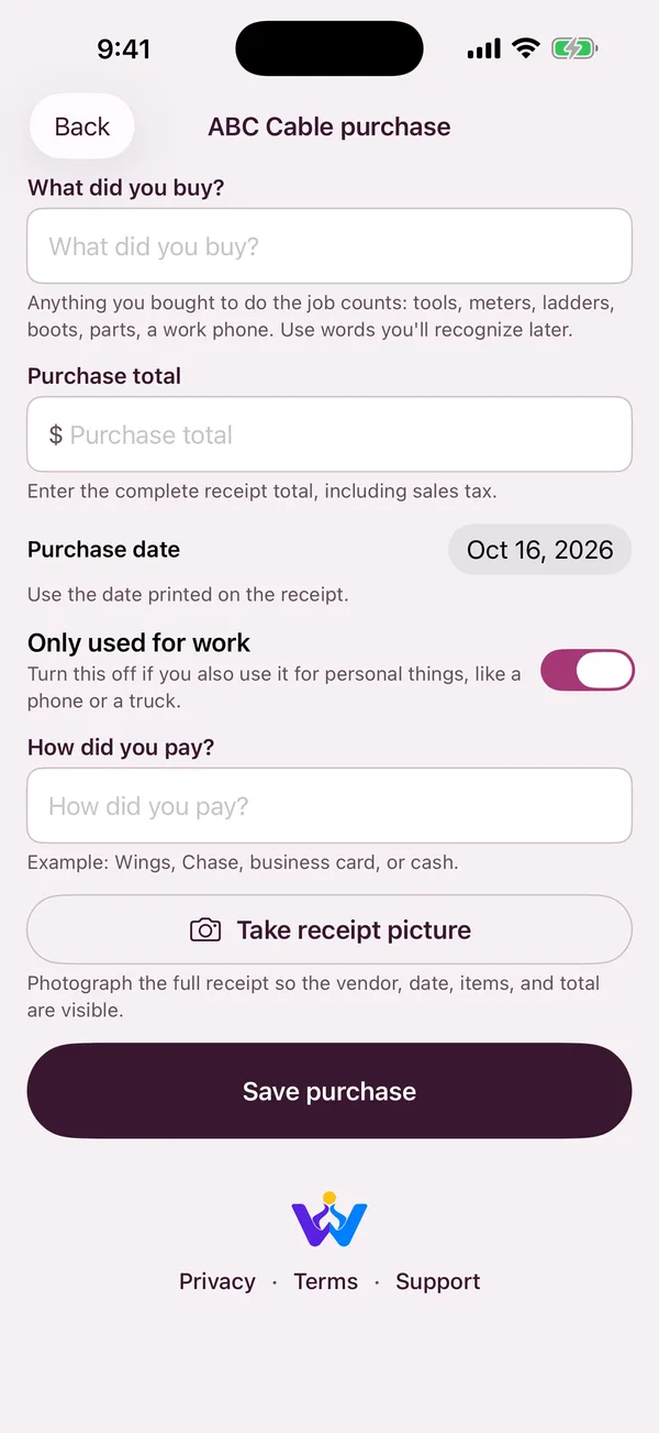 Recording a work purchase with a receipt picture