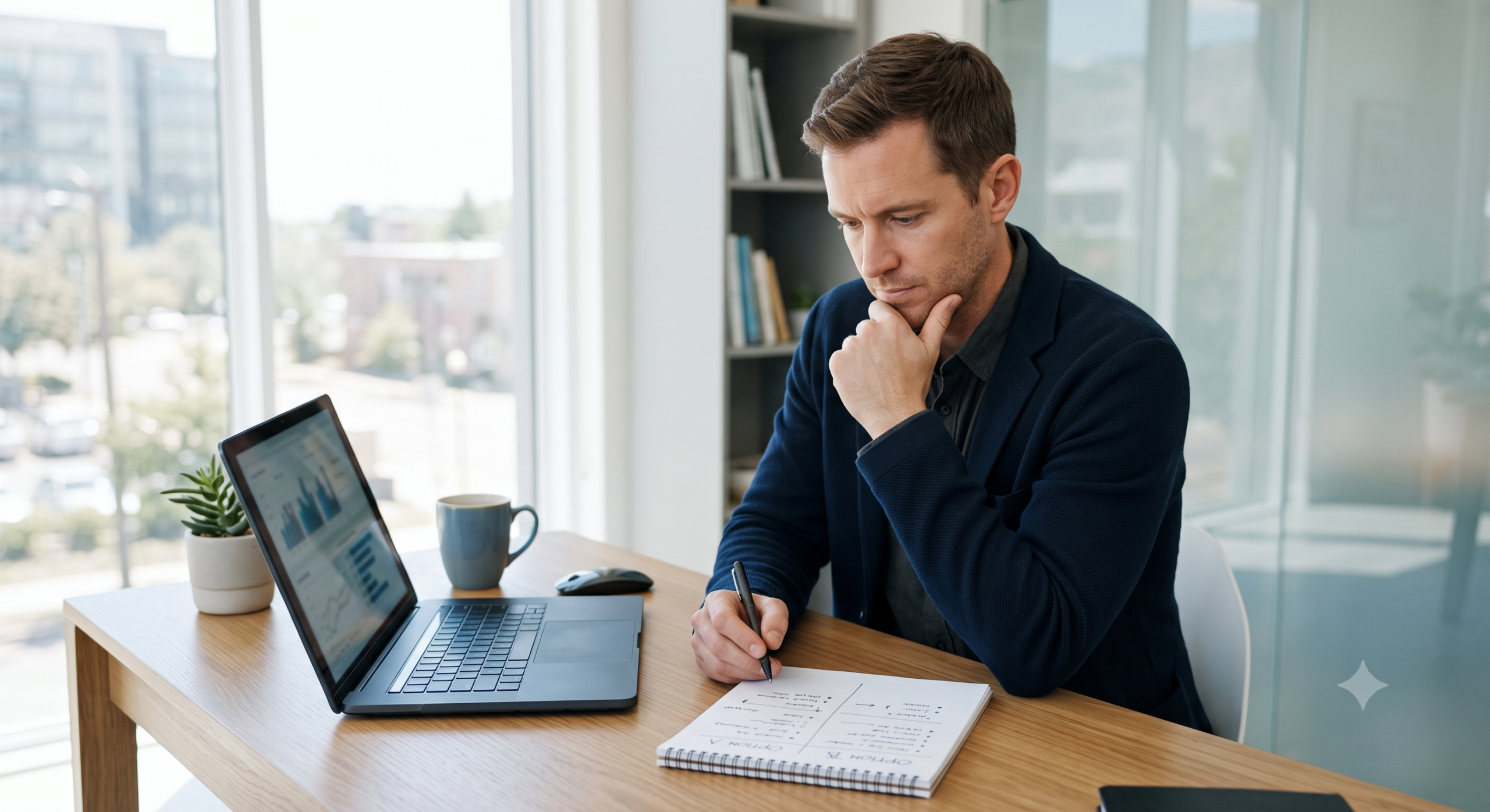 Business owner comparing two business structure paths at a desk