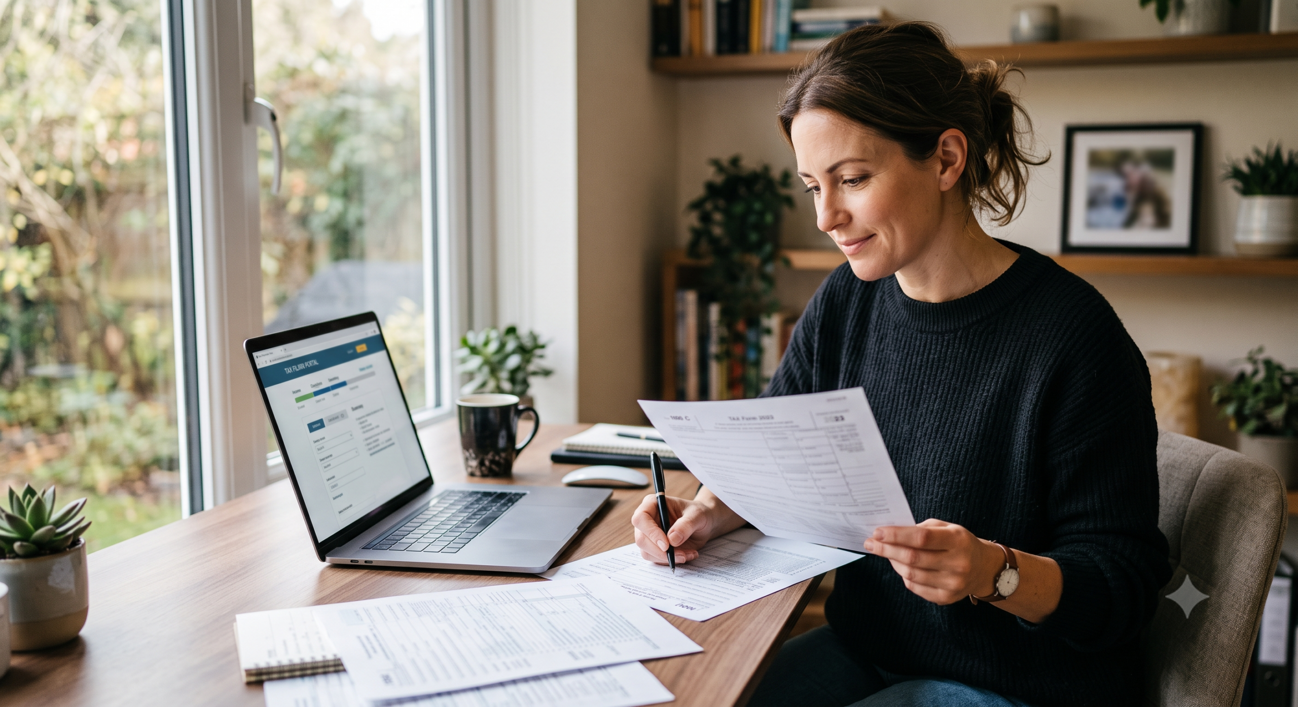 Self-employed filer reviewing Schedule C and 1099 tax forms on a laptop