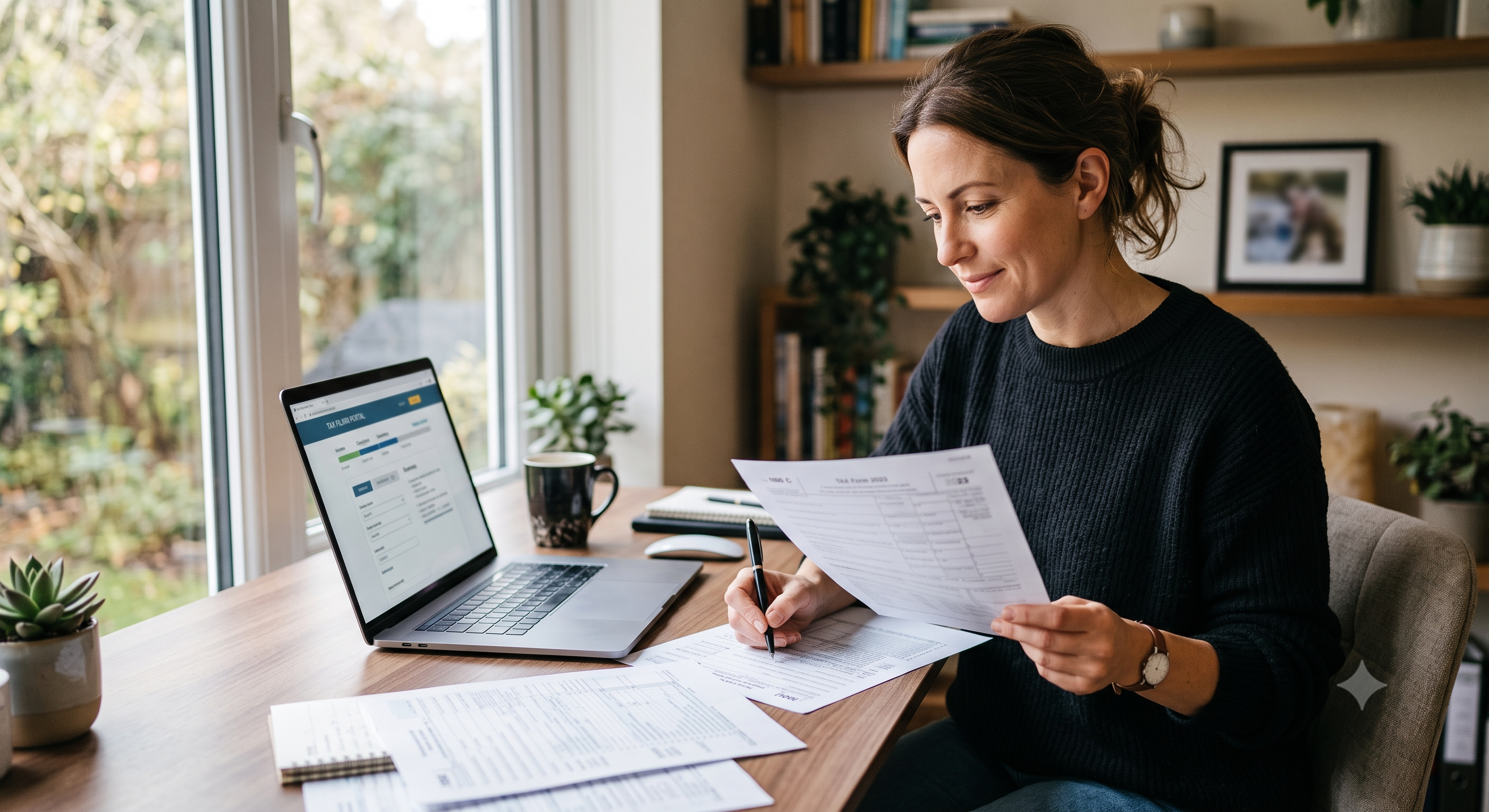 Self-employed filer reviewing tax forms