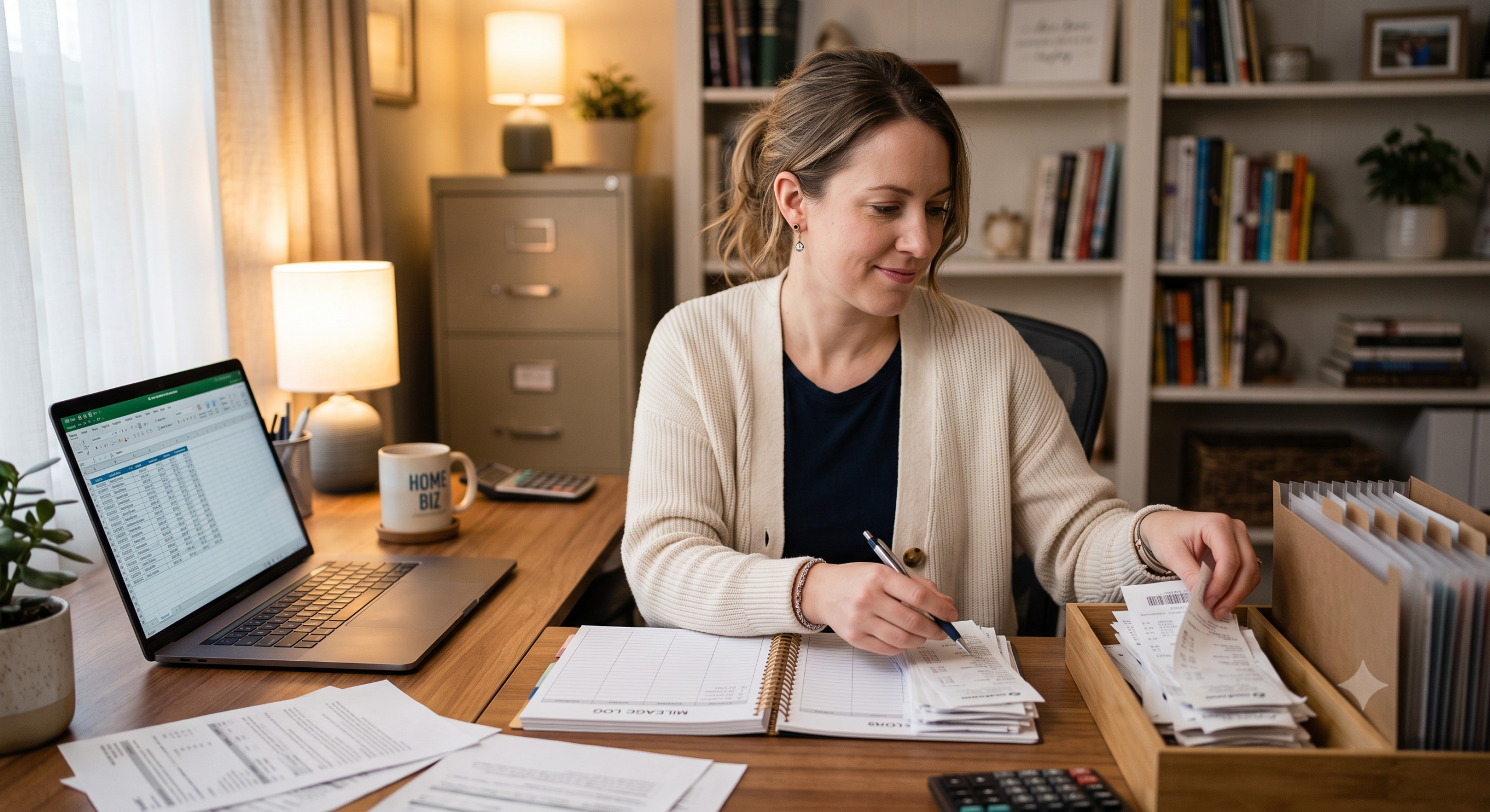 Home business owner organizing tax deduction receipts and a mileage log at a desk