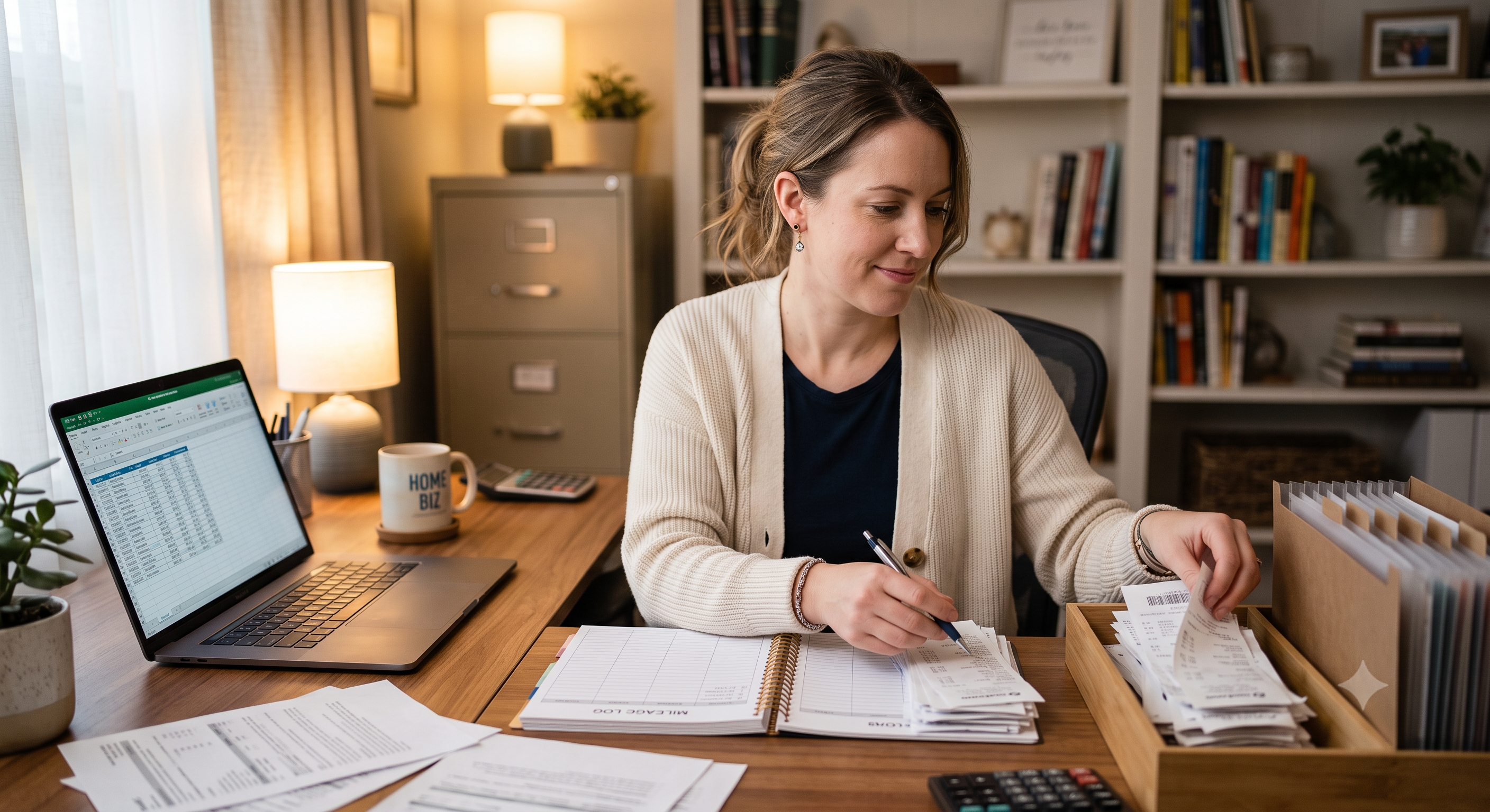 Home business owner organizing tax deduction receipts and a mileage log at a desk